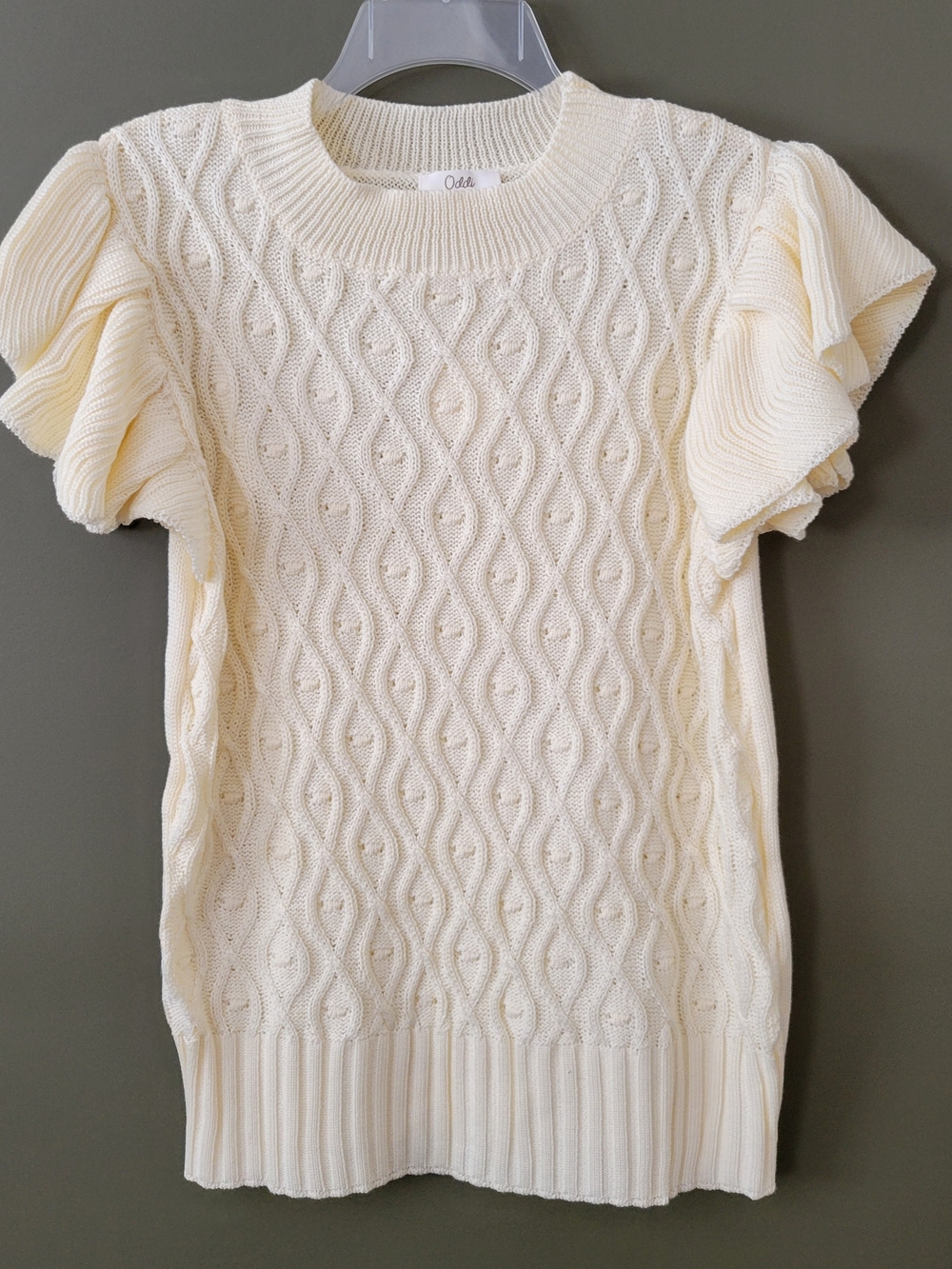 Oddi Cream Cable-Knit Puff-Sleeve Crewneck Sweater